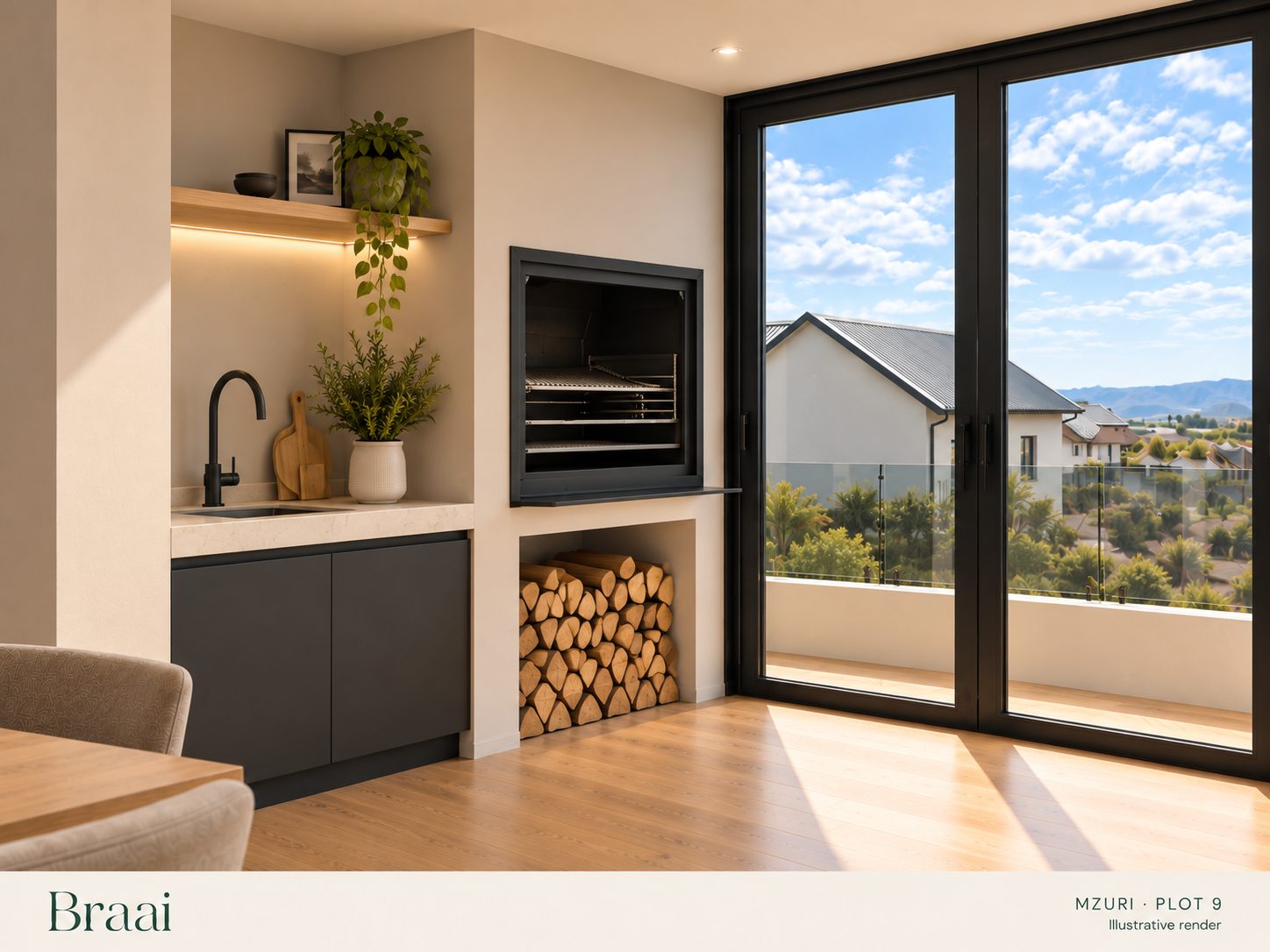 Photo-real AI lifestyle render of the outdoor braai area at Mzuri Estate Plot 9