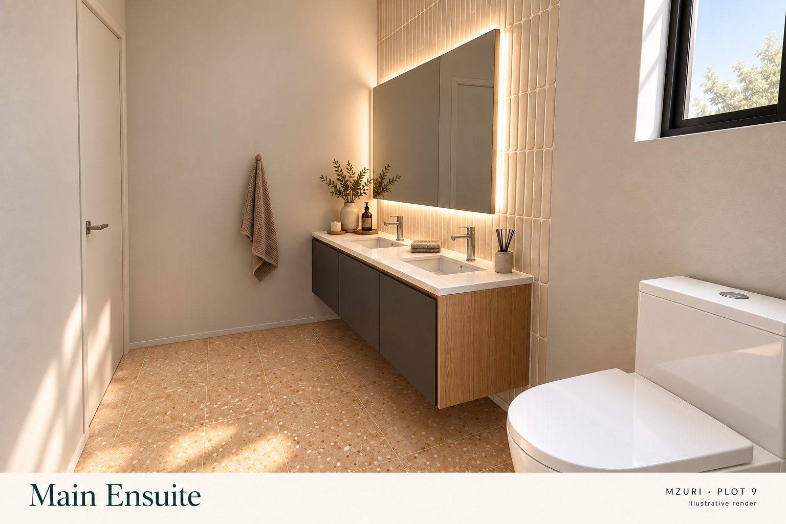 Photo-real AI render of the main ensuite bathroom at Mzuri Estate Plot 9