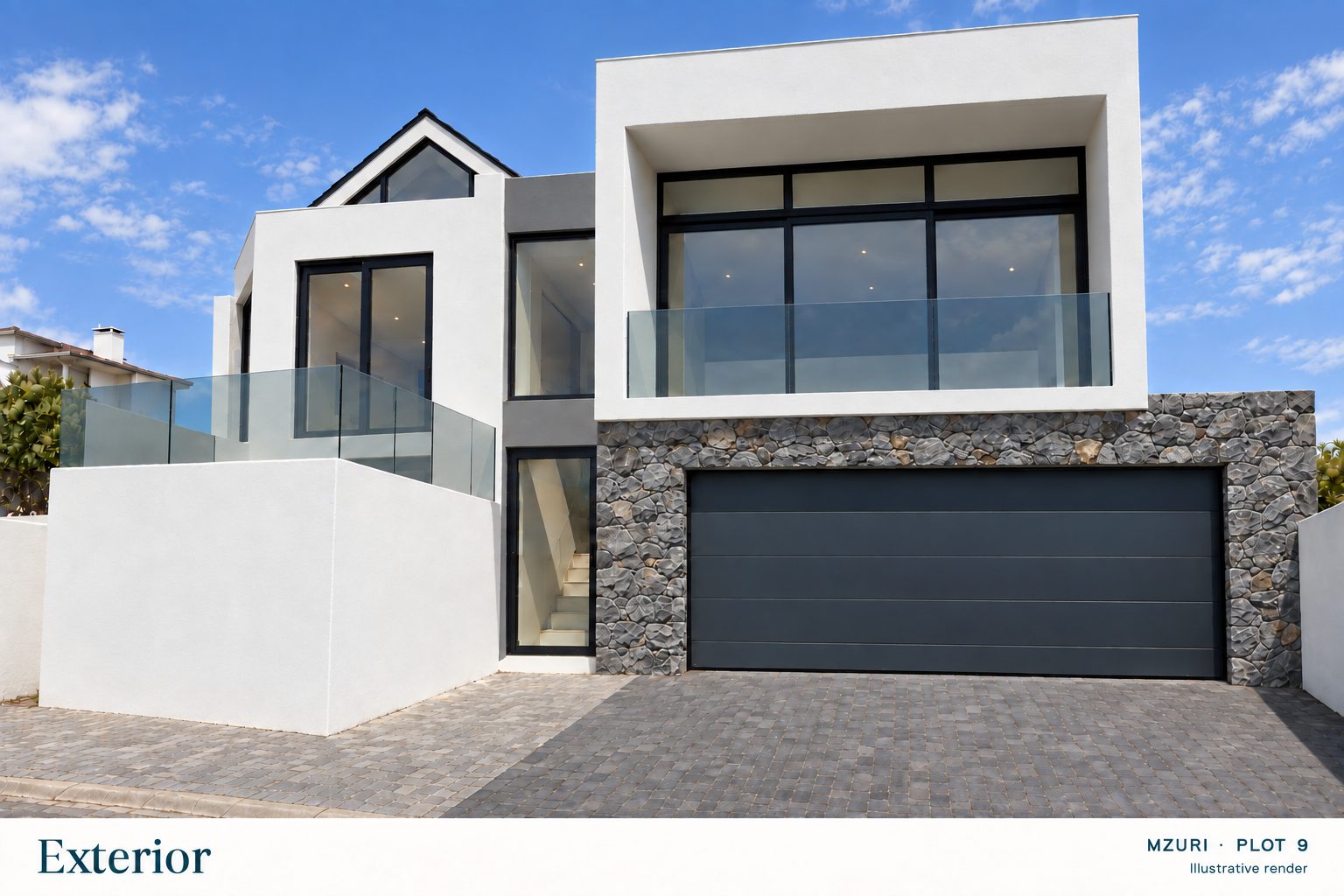 Photo-real AI exterior render of the Mzuri Estate Plot 9 home made from the plans