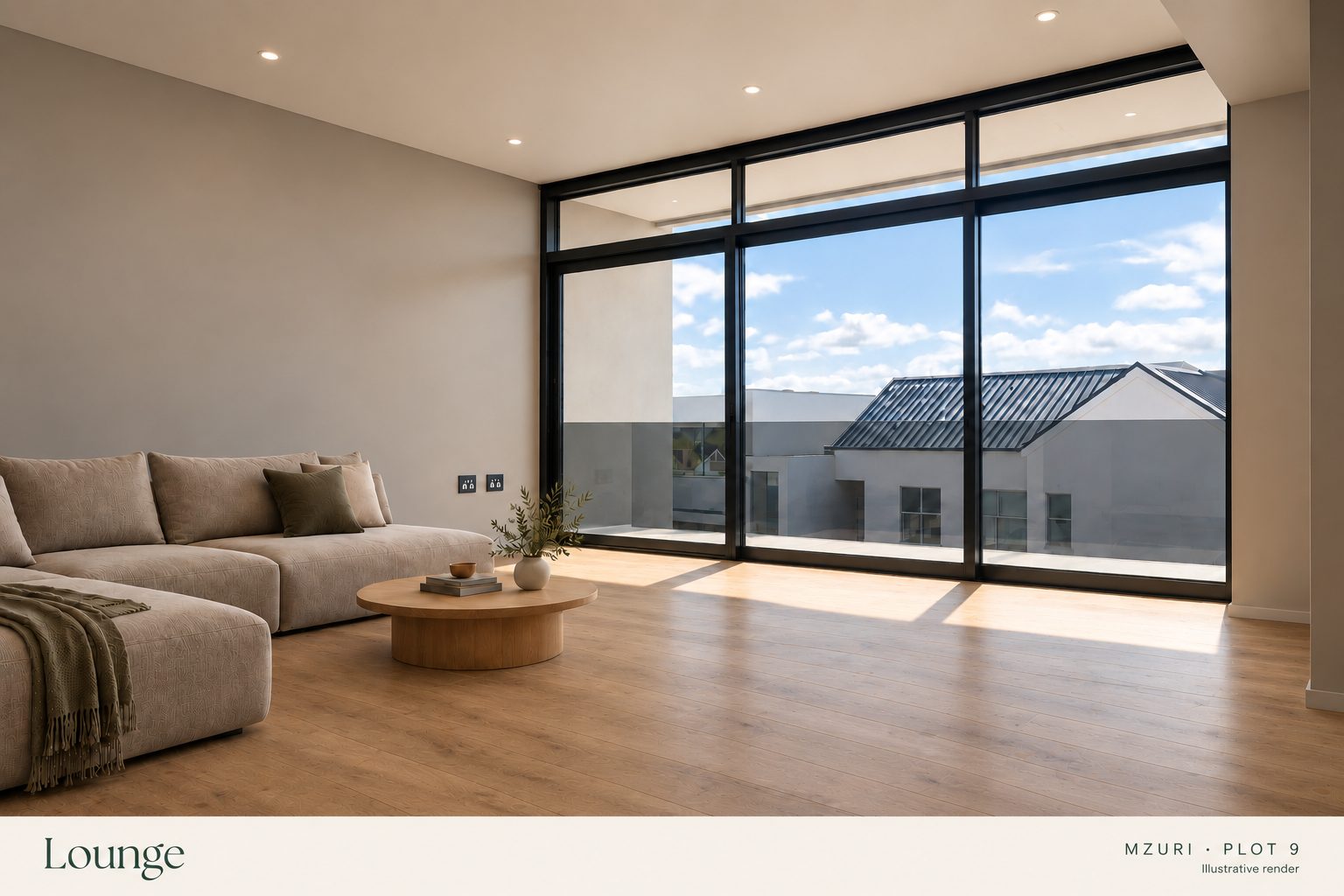 Photo-real AI render of the open-plan lounge at Mzuri Estate Plot 9