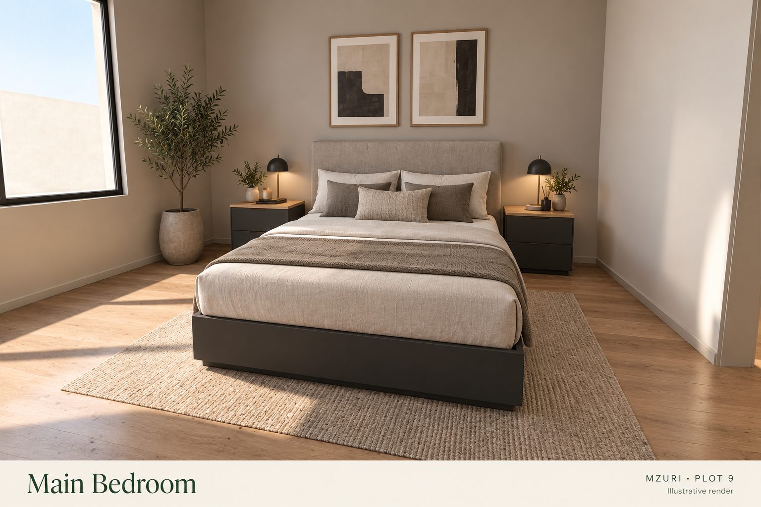 Photo-real AI render of the main bedroom at Mzuri Estate Plot 9